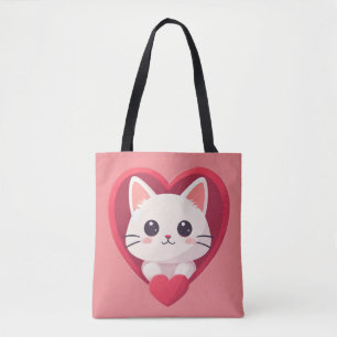 Tote Bag Mignon Chat Blanc avec Design Kawaii Kitty Love