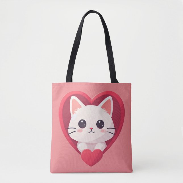 Tote Bag Mignon Chat Blanc avec Design Kawaii Kitty Love (Devant)