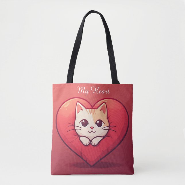 Tote Bag Mignon Chat Blanc avec Design Kawaii Kitty Love (Devant)