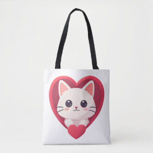 Tote Bag Mignon Chat Blanc avec Design Kawaii Kitty Love