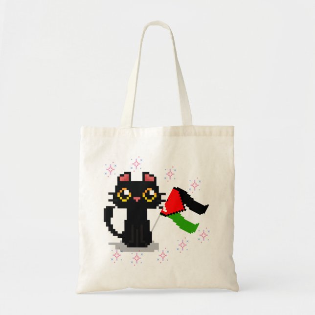 Tote Bag mignon chat noir tient drapeau de la Palestine (Devant)