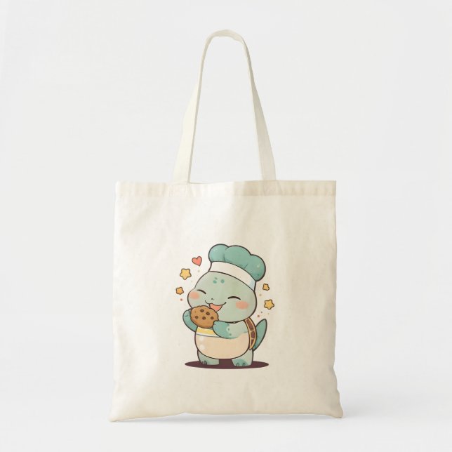 Tote Bag Mignon Chef Tortue Mangeant un Cookie Design Kawai (Devant)