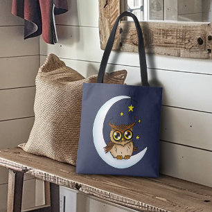 Tote Bag Mignon Hibou Brun Croissant Étoiles Bleu