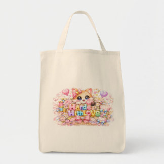 Tote Bag Mignon Kawaii Fabriqué Avec Amour Chat Nom Pastel