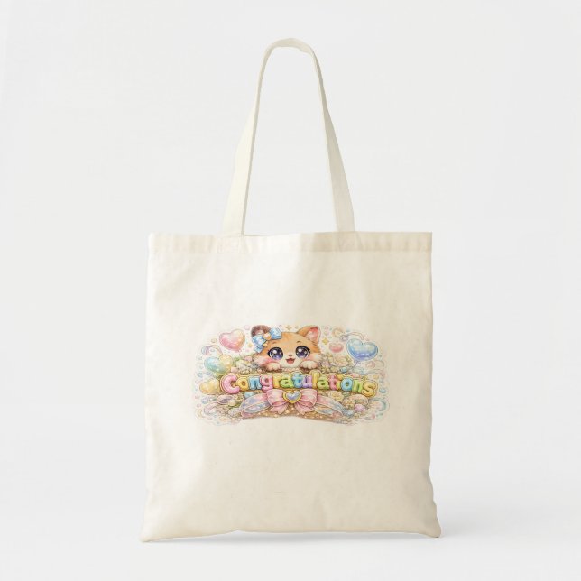 Tote Bag Mignon Kawaii Félicitations Chat Floral Rose Paste (Devant)