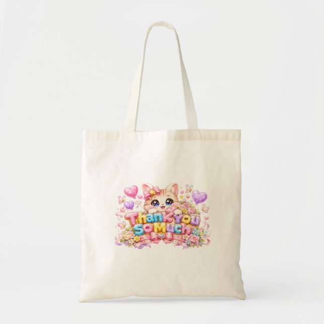 Tote Bag Mignon Kawaii Merci Beaucoup Nom de Chat Rose Past (Devant)