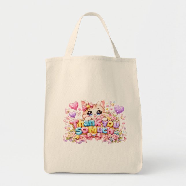 Tote Bag Mignon Kawaii Merci Beaucoup Nom de Chat Rose Past (Devant)
