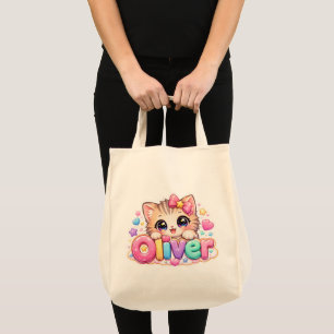 Tote Bag Mignon Kawaii Oliver Nom de Chat Pastel Rose Étinc