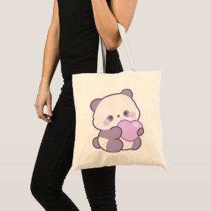 Tote Bag Mignon Kawaii Pastel Panda Violet Tenant un Cœur 