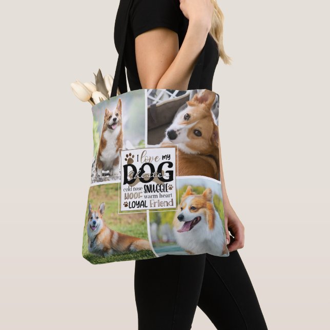 Tote Bag Mignon LOVE MY CHIEN Photo Collage personnalisé (De près)