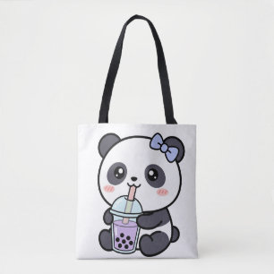 Tote Bag Mignon Panda Kawaii Buvant du Bubble Tea Illustrat