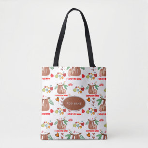 Tote Bag Mignon paresseux motif marron je t'aime maman cœur