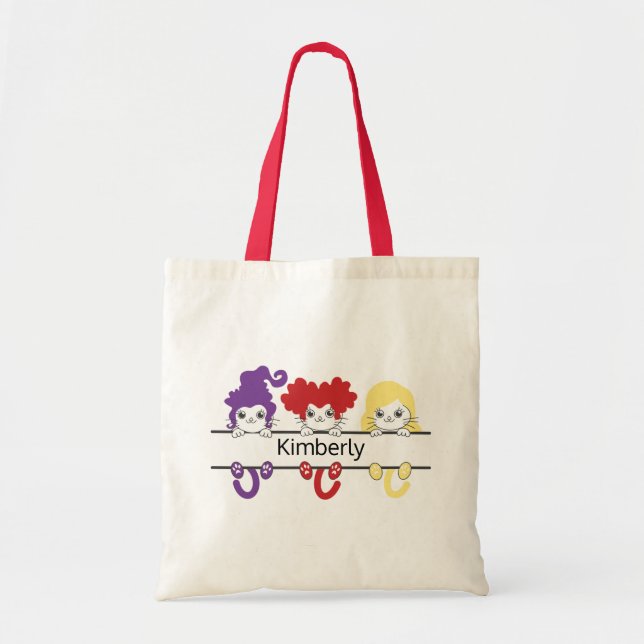 Tote Bag Mignon Sœurs Sorcières Kawaii Chats Nom Monogramme (Devant)