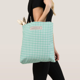 Tote Bag Mignon Vert Menthe Gingham Carreaux Personnalisé