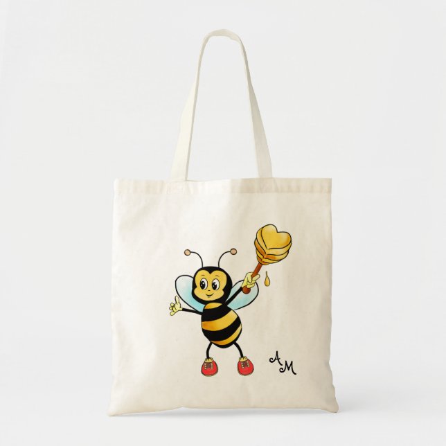 Tote Bag Mignonne abeille avec cœur et monogramme (Devant)