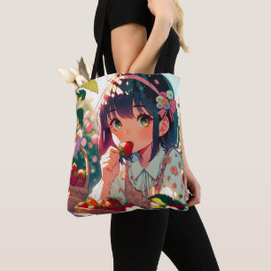 Tote Bag Mignonne Anime Girl Mange des fraises   Jour d'été