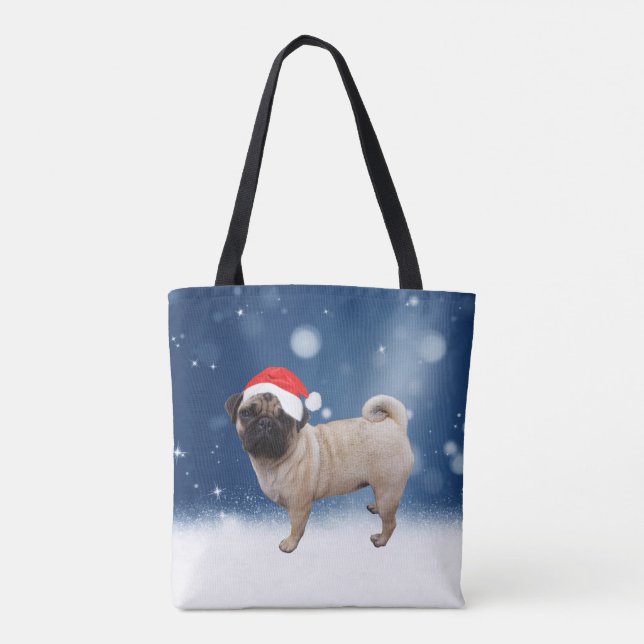 Tote Bag Mignonne chien Carlin Noël Père Noël Chapeau Neige (Dos)