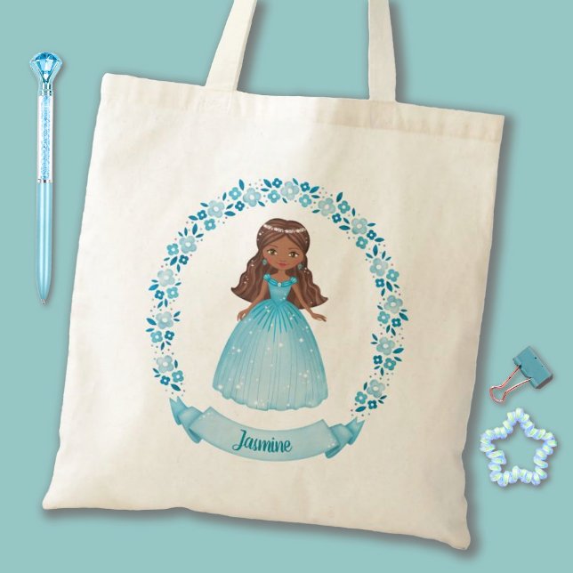 Tote Bag Mignonne fille princesse bleue (A cute blue girls Princess tote bag. Personalize it with your girls name for a special gift.)
