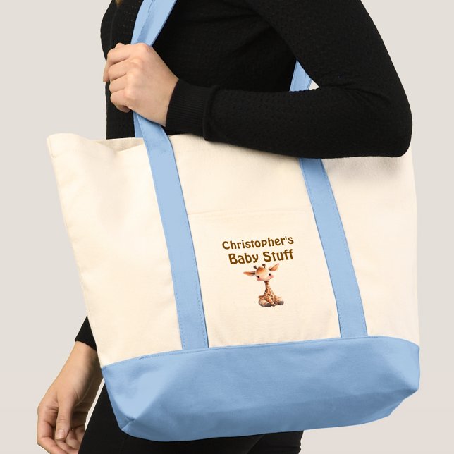 Tote Bag Mignonne girafe bébé truc nom bleu marron (Créateur téléchargé)