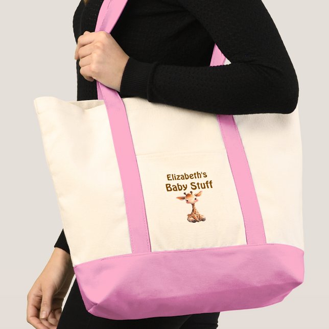 Tote Bag Mignonne girafe bébé truc nom rose marron (Créateur téléchargé)
