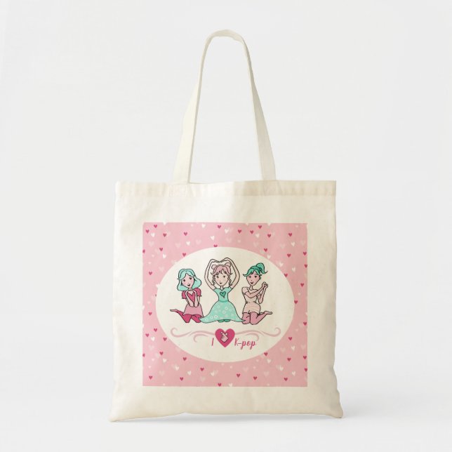 Tote Bag Mignonne I Love K-pop Girls Turquoise Coeur rose (Devant)