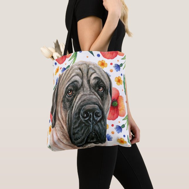 Tote Bag Mignonne Mastiff Anglais Avec Motif Fleur Rouge (De près)