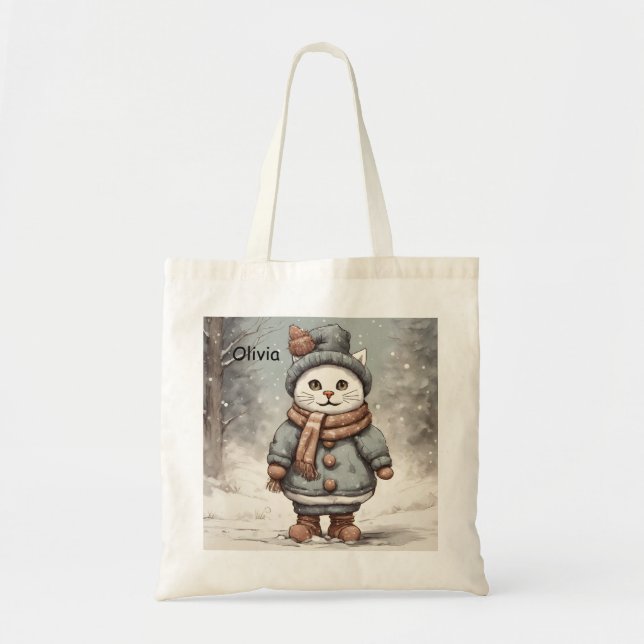 Tote Bag Mignonne Noël Chat Snowman Aquarelle Whimsical (Devant)
