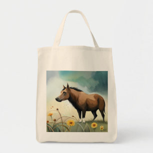 Tote Bag Mignonne poney brun dans le champ floral