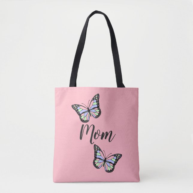 Tote Bag Mignonne rose et noir texte maman et papillons (Devant)