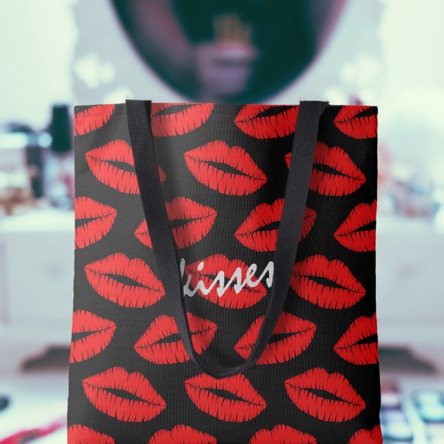 Tote Bag Mignonne rouge lèvre Motif noir Lipstick (A cute red kisses pattern tote bag with text you can customize. Pop your lipsticks in!)