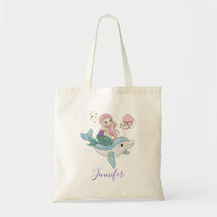 Tote Bag Mignonne Sirène chevauchant un dauphin sous la mer