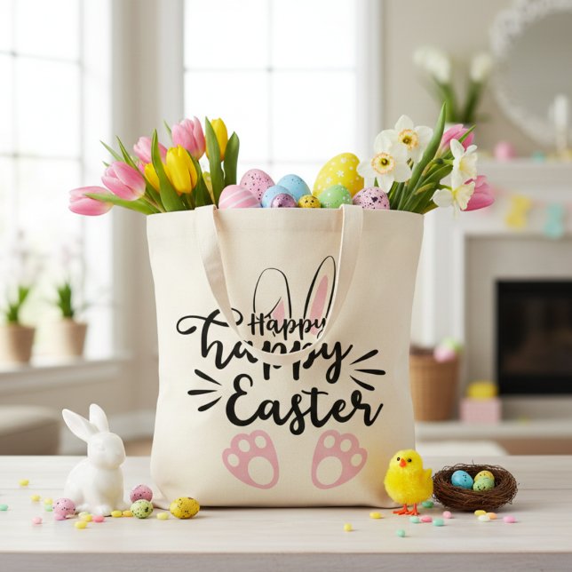 Tote Bag Mignonnes oreilles de lapin et pieds heureux Pâque (Cute Bunny Ears and Feet Happy Easter Tote Bag)