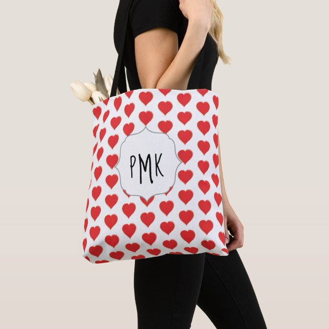 Tote Bag Mignons Coeurs rouges Monogramme Personnalisé (De près)