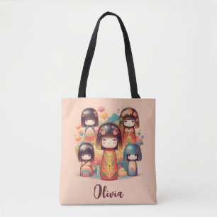 Tote Bag Mignons poupées Kokeshi aquarelle rose