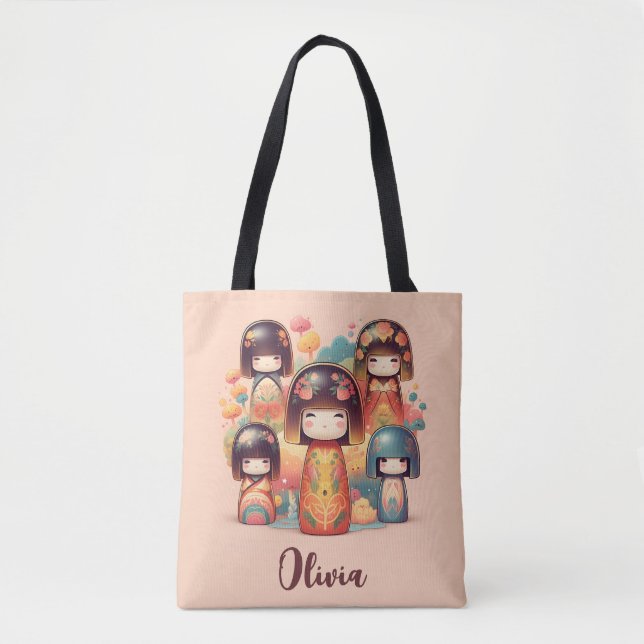 Tote Bag Mignons poupées Kokeshi aquarelle rose (Devant)