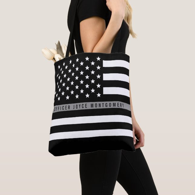 Tote Bag Mince Gris Line American Flag Nom monogramme (De près)