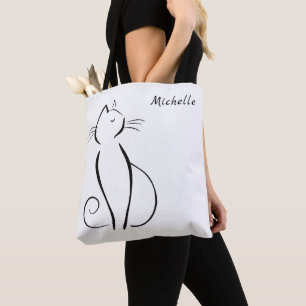 Tote Bag Mini chat noir sur blanc nom d'ajout