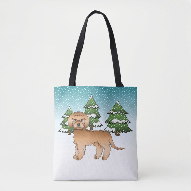 Tote Bag Mini Goldendoodle abricot dans une forêt hivernale (Devant)