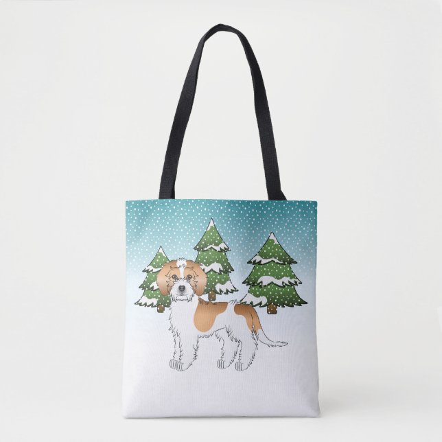 Tote Bag Mini Goldendoodle Abricot et Blanc Forêt d'Hiver (Devant)