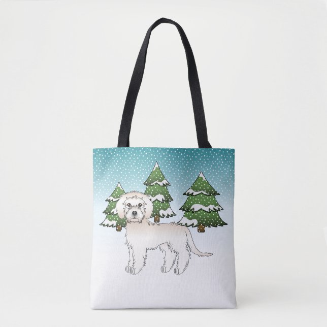 Tote Bag Mini Goldendoodle crème dans une forêt hivernale (Devant)