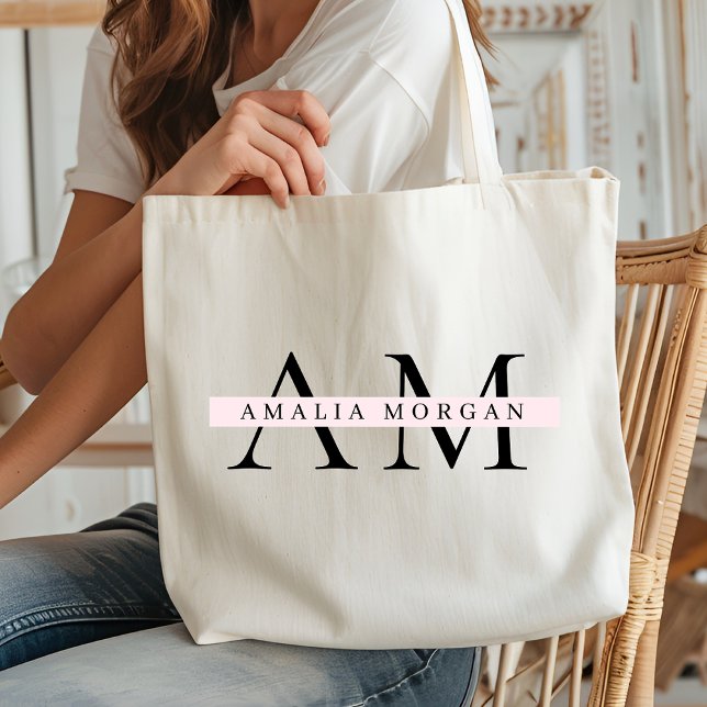 Tote Bag "Minimal Pastel Rose Initial & Nom Personnalisé (Créateur téléchargé)