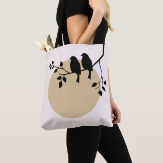 Tote Bag Minimalist Birds on Branch with Beige Sun