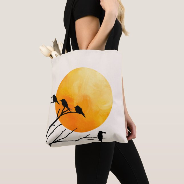 Tote Bag Minimalist Birds on Branch with Orange Sun (De près)
