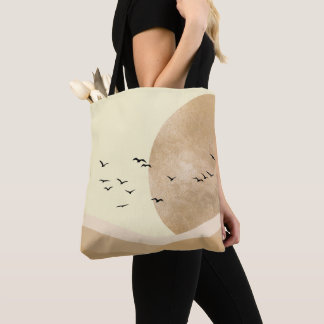Tote Bag Minimalist Desert Landscape with Birds & Sun 