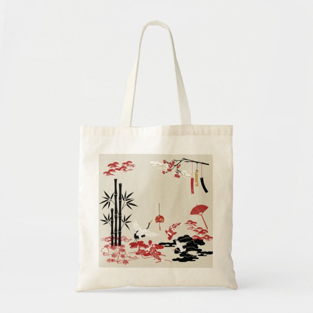 Tote Bag Minimalist Japanese Motifs: Cranes, Koi Fish, Bamb (Devant)