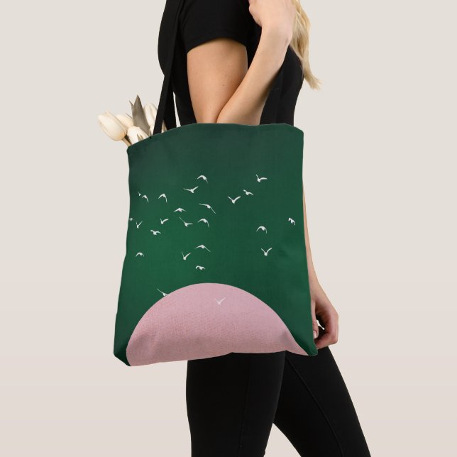 Tote Bag Minimalist Pink Moon with Birds Modern Art (De près)