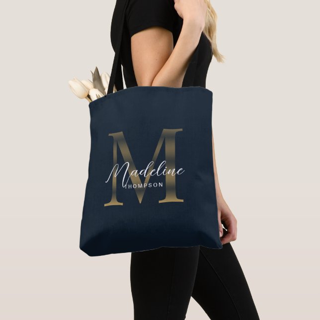 Tote Bag Minimalist Script Metallic Navy Blue Gold Monogram (De près)