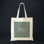 Tote Bag Minimaliste Salle de Réception de Mariage Vert Sau<br><div class="desc">Le sac fourre-tout de douche de mariée vert sauge et blanc Minimalist Sage présente un design épuré et moderne avec un fond vert sauge doux. Sur le devant, il y a un texte blanc simple, créant un contraste subtil qui met en valeur le message sans surcharger le design. L'esthétique minimaliste...</div>