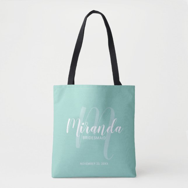 Tote Bag Mint Green Modern Script Personnalisé Bridesmaitre (Devant)