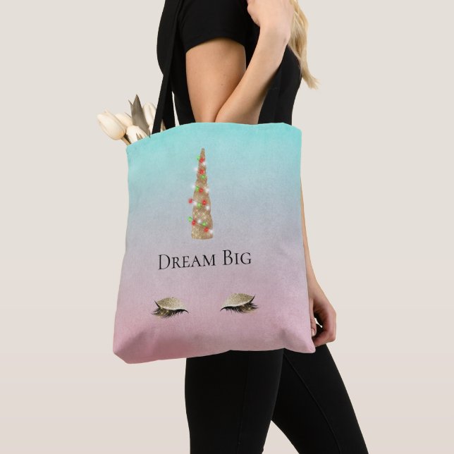 Tote Bag Mint rose or étincelle Glam Unicorne lumières (De près)